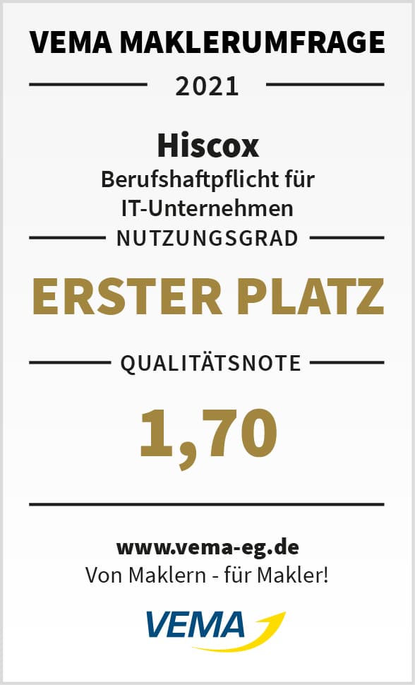 Zertifikat oder Auszeichnung der VEMA Maklerumfrage 2021: Hiscox erhält den Ersten Platz für Berufshaftpflicht für IT-Unternehmen mit einem Nutzungsgrad und einer Qualitätsnote von 1,70.
