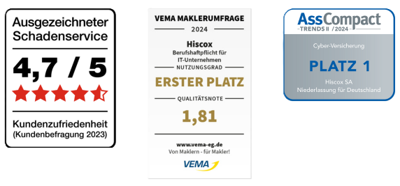 Die drei Top-Siegel von Hiscox für die Cyber-Versicherung 2024, IT-Unternehmen-Versicherung 2024 und dem Schadenservice 2023.