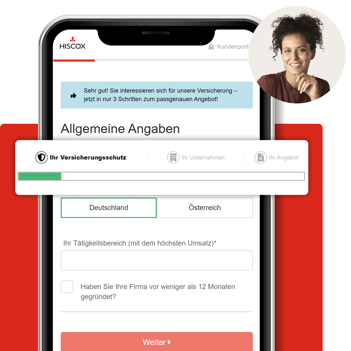 Smartphone zeigt Hiscox-Webseite mit Formular zur Versicherungsanfrage; Text auf Deutsch, roter ‚Weiter‘-Button und Auswahlfelder für Unternehmensangaben sichtbar.