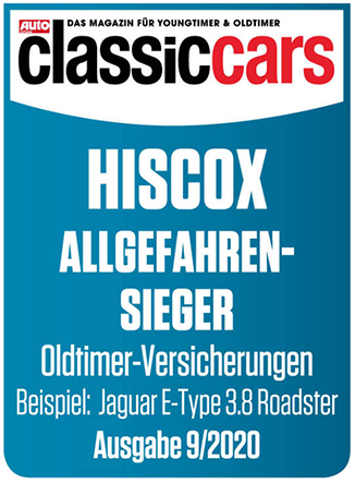 Titelseite eines Magazins mit dem Titel ‚classic cars‘. Darunter steht in deutscher Sprache: ‚HISCOX ALLGEFAHREN-SIEGER – Oldtimer-Versicherungen Beispiel: Jaguar E-Type 3.8 Roadster.