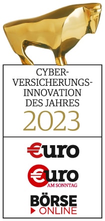 Goldene Stierstatue über dem Text: ‚CYBER-VERSICHERUNGS-INNOVATION DES JAHRES 2023‘.