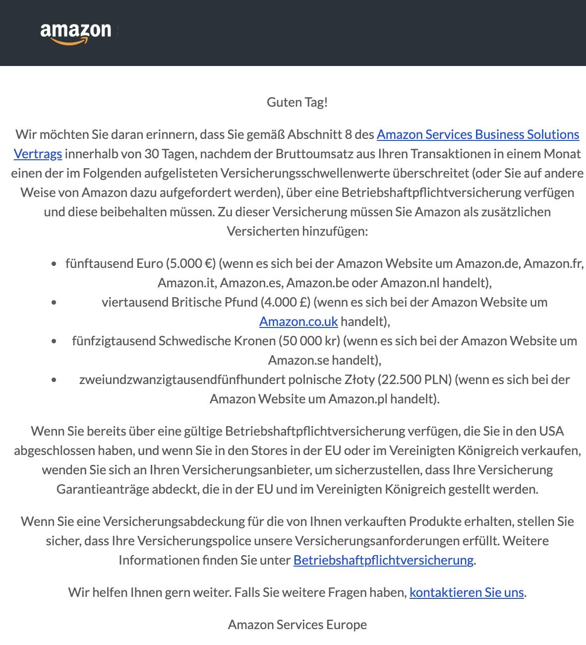 Mail von Amazon im Juli 2024 bezüglich der Versicherungspflicht von Amazon Händlern und Shops