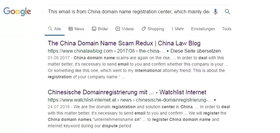 Bildschirmaufnahme einer Google-Suche zum Thema "China Domain Name Scam", mit Suchergebnissen, die auf Betrugsversuche mit chinesischen Domain-Namen hinweisen