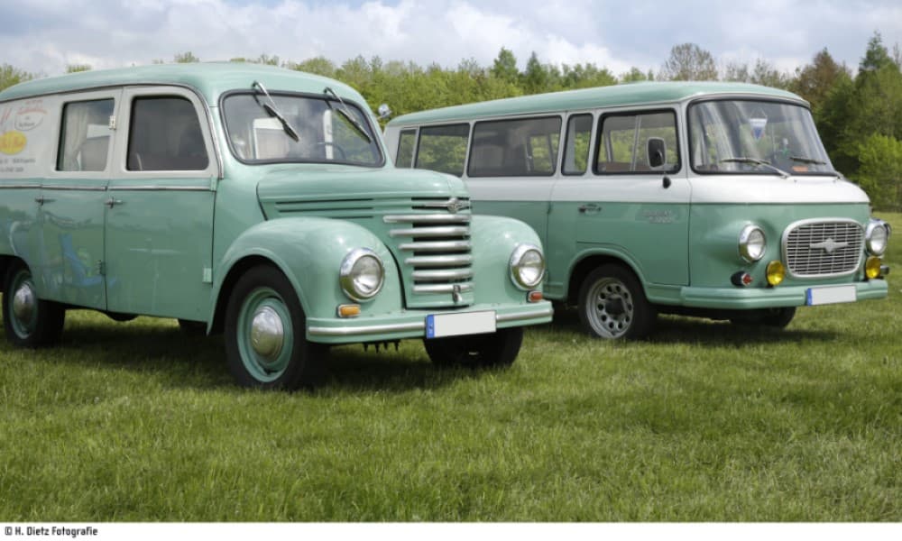 Zwei türkise Oldtimer Framo V901/2 und Barkas B1000 sind auf einer Wiese geparkt und im Hintergrund sind mehrere Bäume.