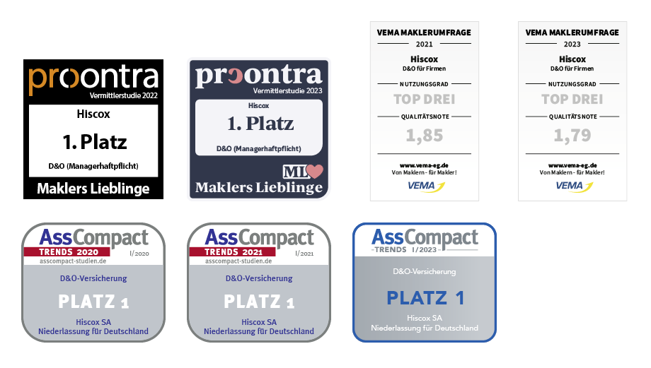 Das Produkt D&O von Hiscox wurde ausgezeichnet von procontra, AssCompact und VEMA Maklerumfrage für die Jahre 2020, 2021, 2022 und 2023. Abgebildet sind die Siegel.