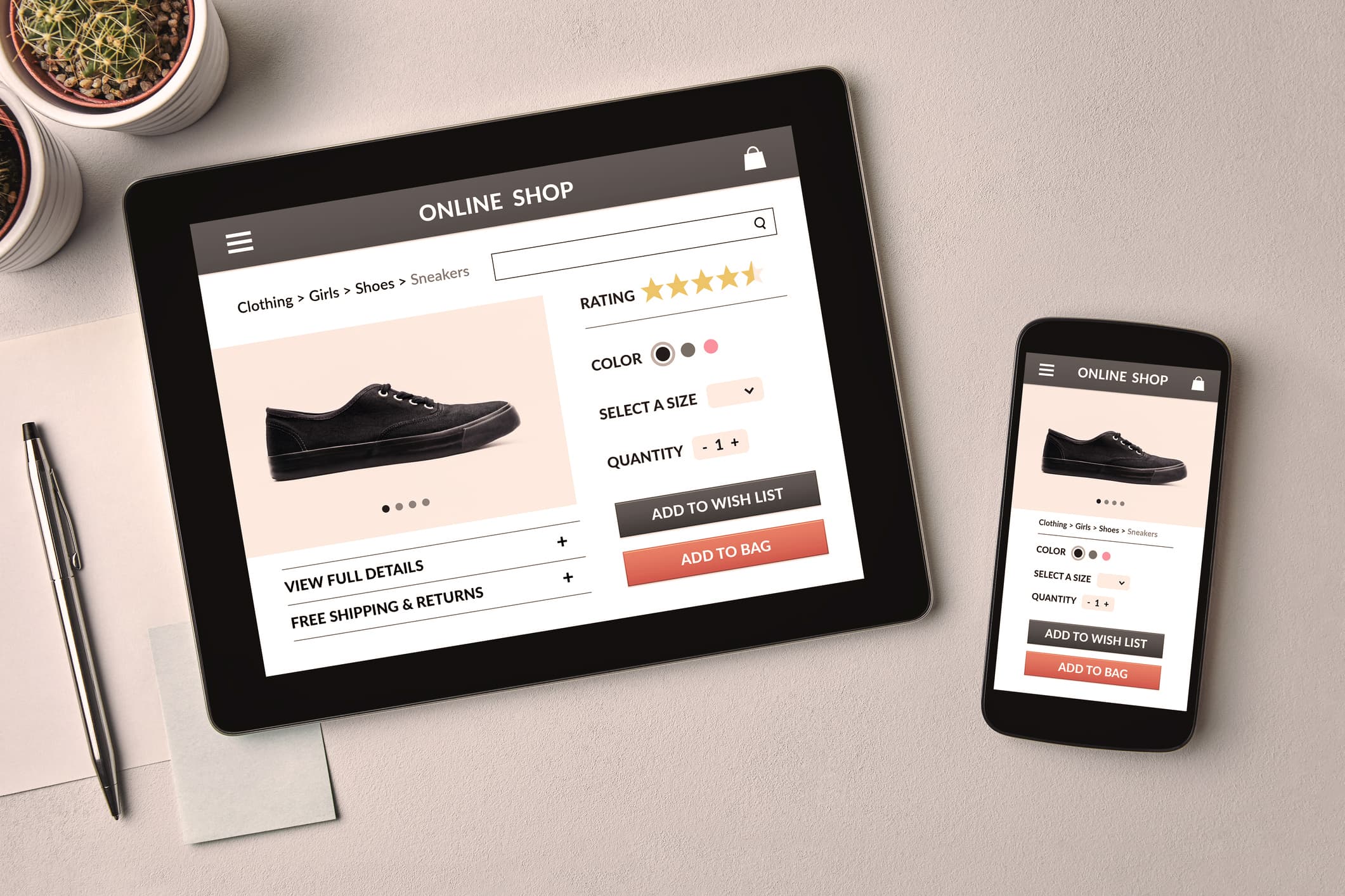 Online-Shop auf Tablet und Smartphone: Produktseite für Schuhe mit Kaufoptionen und Bewertungen