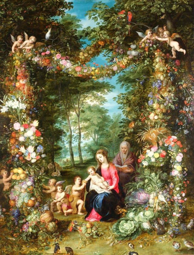 Brueghel d.Ä., Hendrik van Balen, Blumen und Fruchtgirlande mit Maria und dem Kind, Öl auf Holz, Privatsammlung