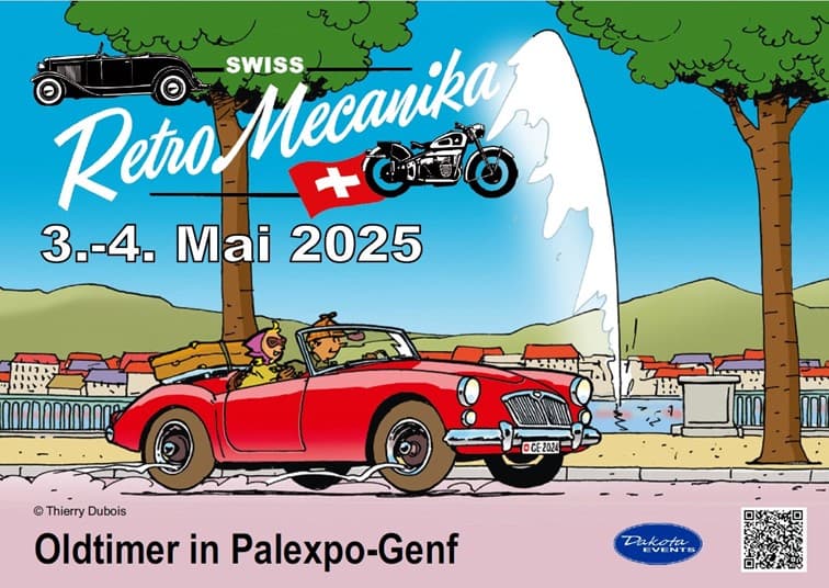 Flyer zu Swiss RetroMecanika 2025 zeigt eine Karikatur eines roten Oldtimers auf einer Straße mit Pärchen hinterm Steuer. Folgende Infos auf dem Flyer: 3.-4. Mai 2025 in Palexpo-Genf von Dakota Events