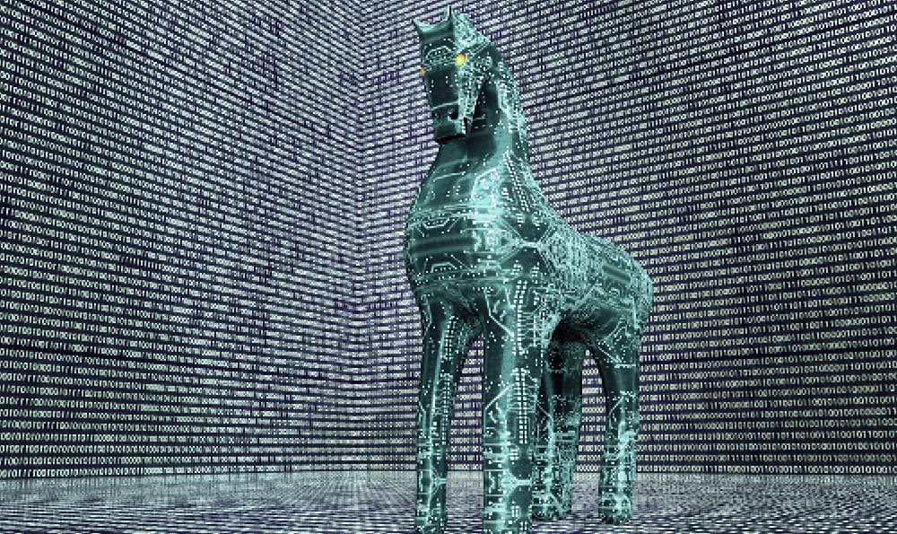 Digitales Trojanisches Pferd vor einem Hintergrund aus Binärcode: Symbol für Cyberangriffe und Schadsoftware