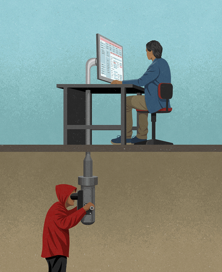 Grafik im Cartoon-Style - ein Mann sitzt oberhalb der Erde vor seinem PC und arbeitet, während ein zweiter Mann in rotem Mantel unter der Erdoberfläche steht und durch ein Spionagegeräte in den PC des anderen Mannes schaut