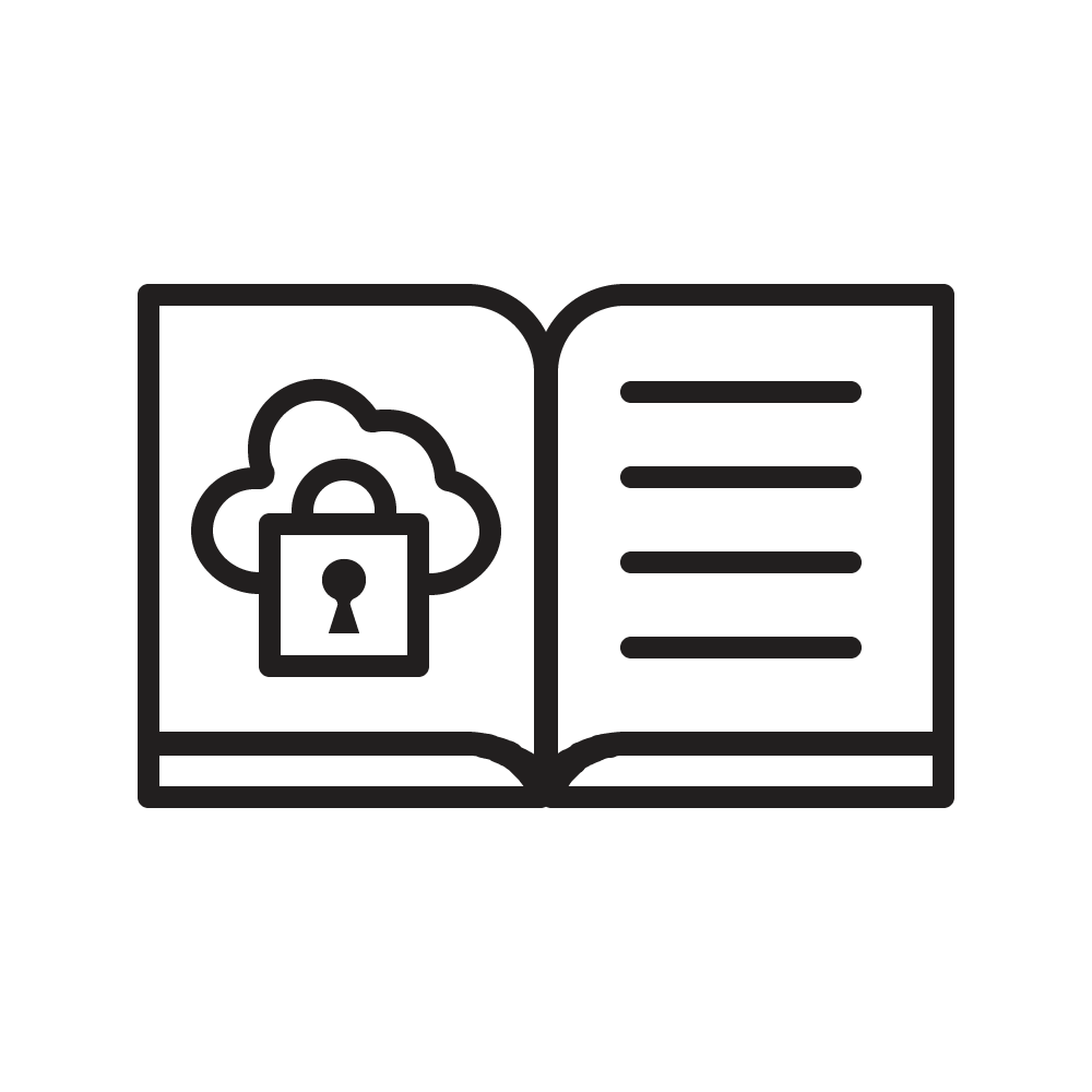 Icon Cyber Krisenplan in einem Buch mit Schloss und Wolke